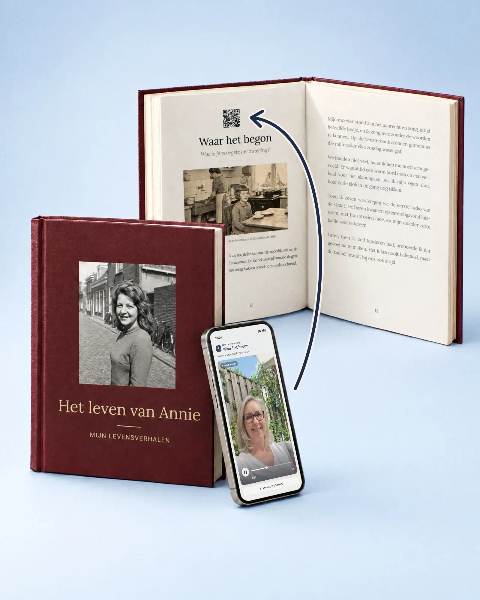 Le livre ouvert La vie d'Annie avec un code QR, et une main tenant un téléphone qui fait raconter son histoire à Annie